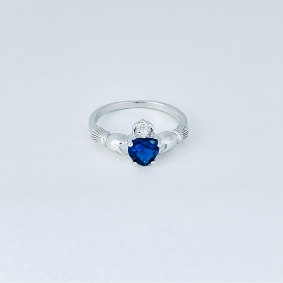 Sterling Silver Claddagh Blue Sapphire CZ Ring, September Birthstone - Picture 7 of 13
